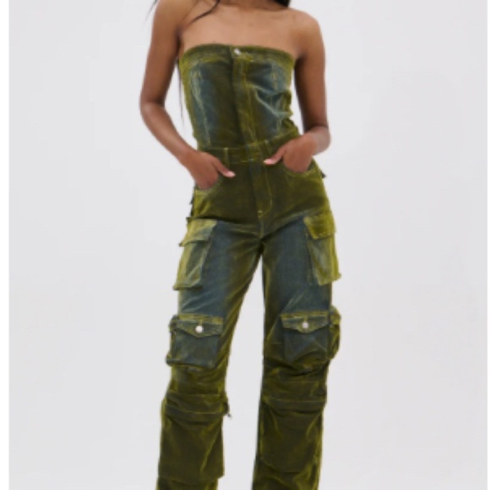 Akira Mira Velvet denim cargo strapless jumpsuit sz S green